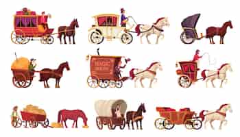 Vector gratuito conjunto de dibujos animados de vehículos tirados por caballos de animales en arnés para trabajar en rancho o transporte de personas ilustración vectorial aislada