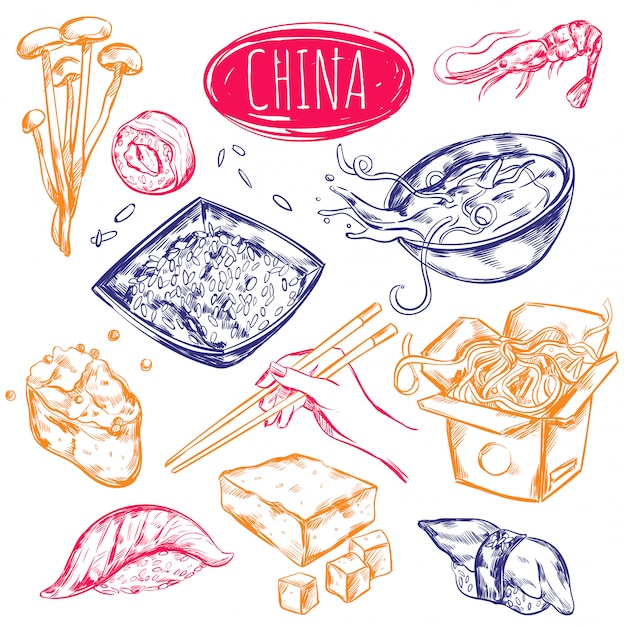 Vector gratuito conjunto de dibujos de comida china