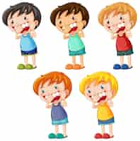 Vector gratuito conjunto de dientes de hilo dental de personaje de dibujos animados de niños lindos