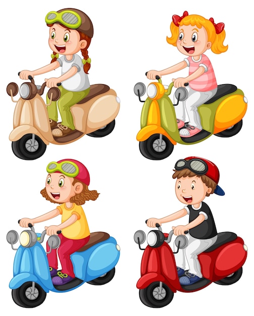 Conjunto, de, diferente, niños, equitación, motocicleta