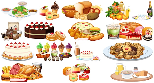Conjunto de diferentes alimentos y bebidas.