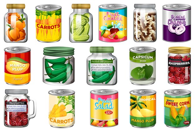 Conjunto de diferentes alimentos enlatados y alimentos en frascos aislados