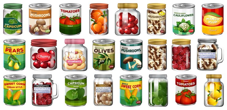 Vector gratuito conjunto de diferentes alimentos enlatados y alimentos en frascos aislados