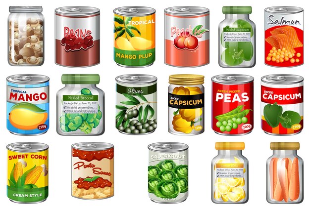 Conjunto de diferentes alimentos enlatados y alimentos en frascos aislados