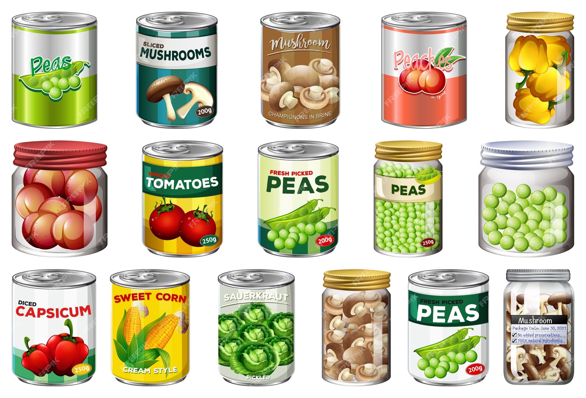 pecador Subdividir Síntomas Conjunto de diferentes alimentos enlatados y alimentos en frascos aislados  | Vector Gratis