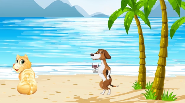 Vector gratuito conjunto de diferentes animales domésticos en la escena de la playa.