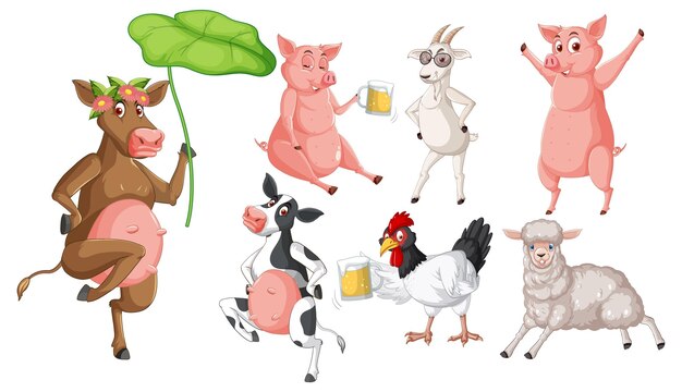 Conjunto de diferentes animales de granja en estilo de dibujos animados
