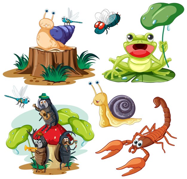 Conjunto de diferentes animales invertebrados en estilo de dibujos animados