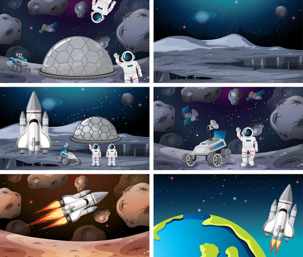 Conjunto de diferentes astronautas y escena de cohetes