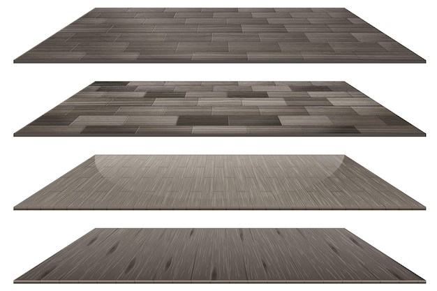 Conjunto de diferentes baldosas de madera gris aislado sobre fondo blanco.