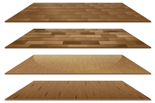 Conjunto de diferentes baldosas de madera marrón aislado sobre fondo blanco.
