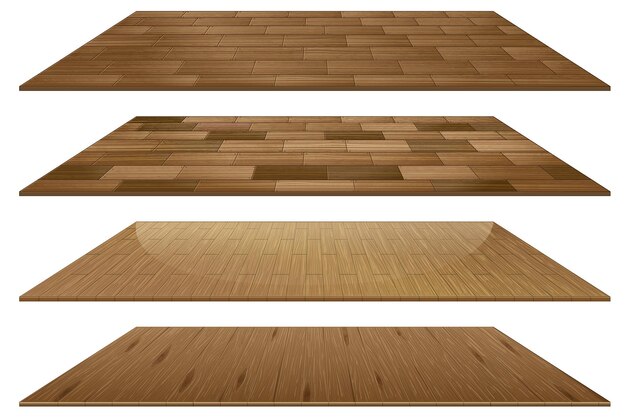 Conjunto de diferentes baldosas de madera marrón aislado sobre fondo blanco.