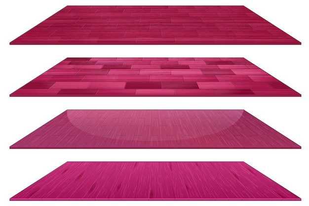 Conjunto de diferentes baldosas de madera rosa aislado sobre fondo blanco.