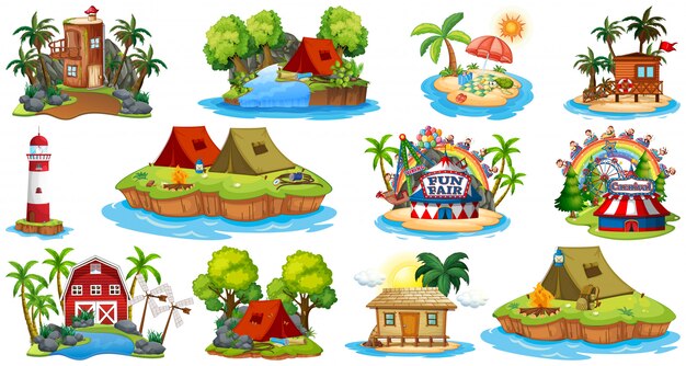 Conjunto de diferentes bangalows y el parque temático y de atracciones de beach island aislado sobre fondo blanco.