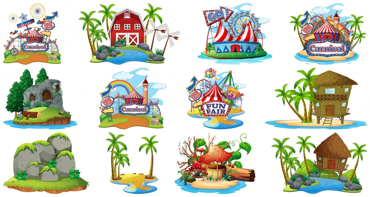 Vector gratuito conjunto de diferentes bangalows y el parque temático y de atracciones de beach island aislado sobre fondo blanco.