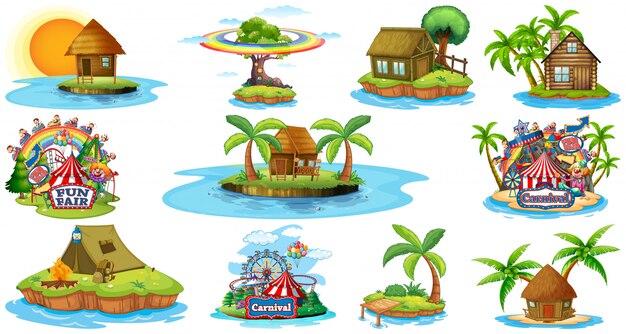 Conjunto de diferentes bangalows y el parque temático y de atracciones de beach island aislado sobre fondo blanco.