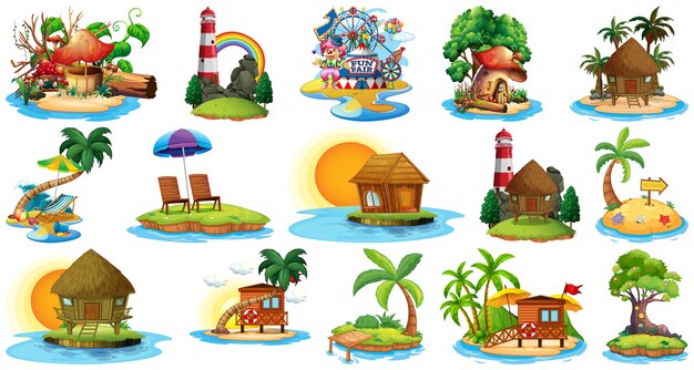Conjunto de diferentes bangalows y el parque temático y de atracciones de beach island aislado sobre fondo blanco.