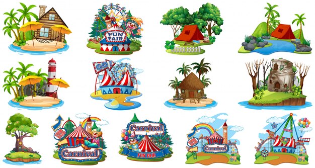 Conjunto de diferentes bangalows y el parque temático y de atracciones de beach island sobre fondo blanco