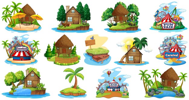 Conjunto de diferentes bangalows y tema de playa de la isla y parque de atracciones aislado en blanco