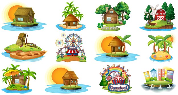 Conjunto de diferentes bangalows y tema de playa de la isla y parque de atracciones aislado sobre fondo blanco.