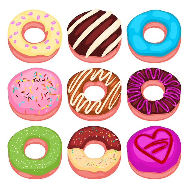 Vector gratuito conjunto de diferentes bekery donut dulce en vector de estilo de dibujos animados