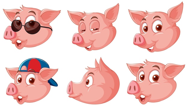Conjunto de diferentes cabezas de cerdo de dibujos animados