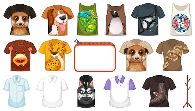 Vector gratuito conjunto de diferentes camisetas y accesorios con estampados de animales.