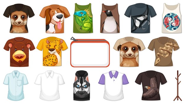 Conjunto de diferentes camisetas y accesorios con estampados de animales.