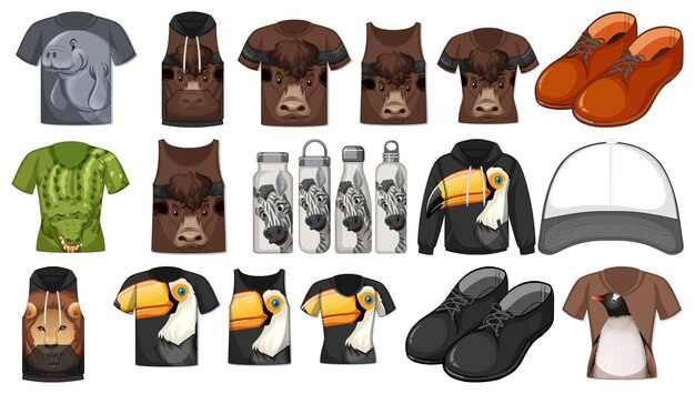 Conjunto de diferentes camisetas y complementos con estampados de animales.