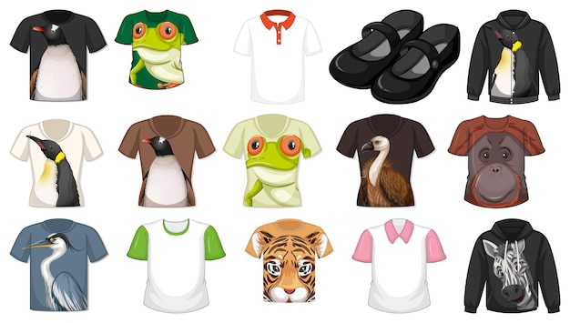 Conjunto de diferentes camisetas y complementos con estampados de animales.