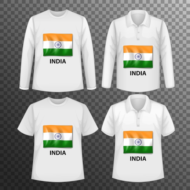 Vector gratuito conjunto de diferentes camisetas masculinas con la pantalla de la bandera de la india en camisetas aisladas