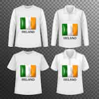 Vector gratuito conjunto de diferentes camisetas masculinas con la pantalla de la bandera de irlanda en camisetas aisladas