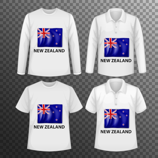 Conjunto de diferentes camisetas masculinas con pantalla de bandera de nueva zelanda en camisetas aisladas