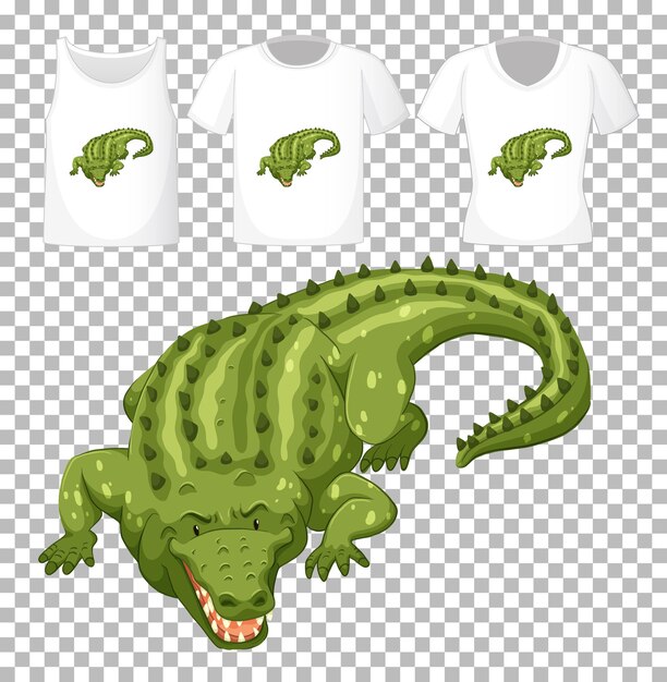 Conjunto de diferentes camisetas con personaje de dibujos animados de cocodrilo aislado sobre fondo transparente
