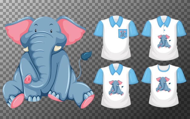 Conjunto de diferentes camisetas con personaje de dibujos animados de elefante aislado sobre fondo transparente