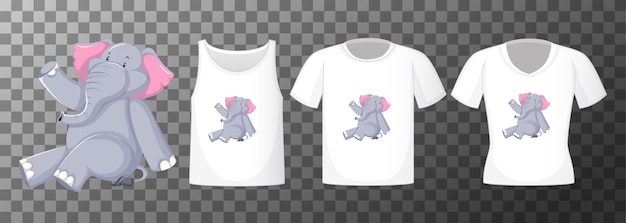 Vector gratuito conjunto de diferentes camisetas con personaje de dibujos animados de elefante aislado
