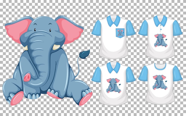 Vector gratuito conjunto de diferentes camisetas con personaje de dibujos animados de elefante aislado