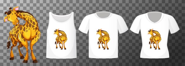 Conjunto de diferentes camisetas con personaje de dibujos animados de jirafa aislado sobre fondo transparente