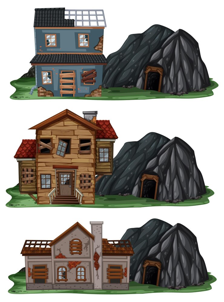 Vector gratuito conjunto de diferentes casas abandonadas con cueva de roca.
