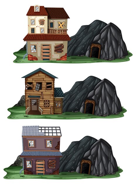 Conjunto de diferentes casas abandonadas con cueva de roca.