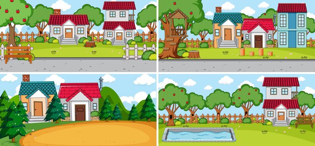 Conjunto de diferentes casas en estilo de dibujos animados de escenas de la naturaleza