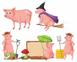 Vector gratuito conjunto de diferentes cerdos de granja en estilo de dibujos animados