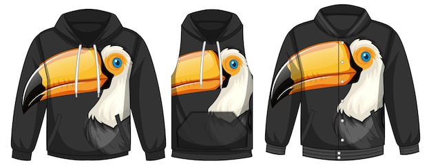 Vector gratuito conjunto de diferentes chaquetas con plantilla de pájaro tucán.