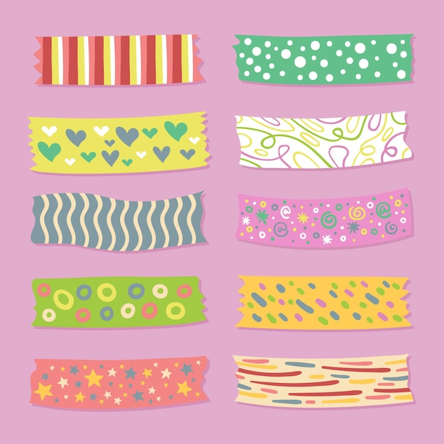 Vector gratuito conjunto de diferentes cintas washi dibujadas.