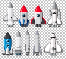Vector gratuito conjunto de diferentes cohetes y naves espaciales sobre fondo transparente.