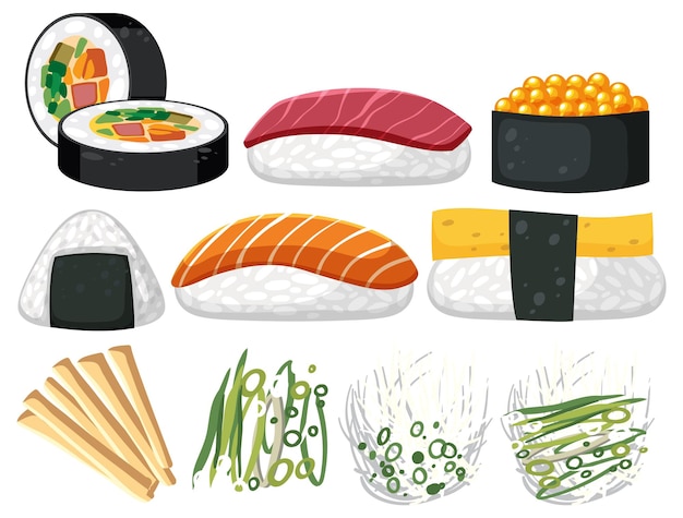 Vector gratuito conjunto de diferentes comidas japonesas.