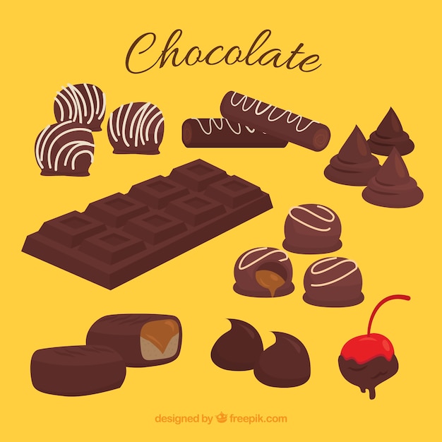 Vector gratuito conjunto de diferentes dulces de chocolate