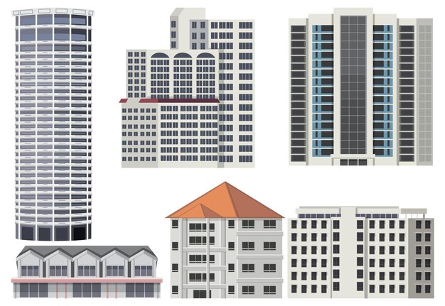 Conjunto de diferentes edificios sobre fondo blanco.