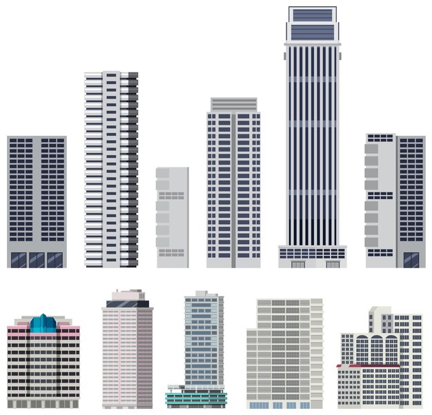 Conjunto de diferentes edificios sobre fondo blanco.