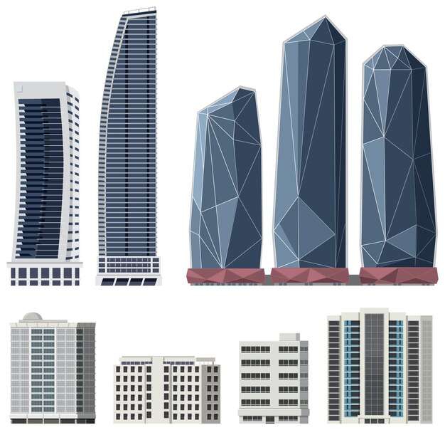 Conjunto de diferentes edificios sobre fondo blanco.